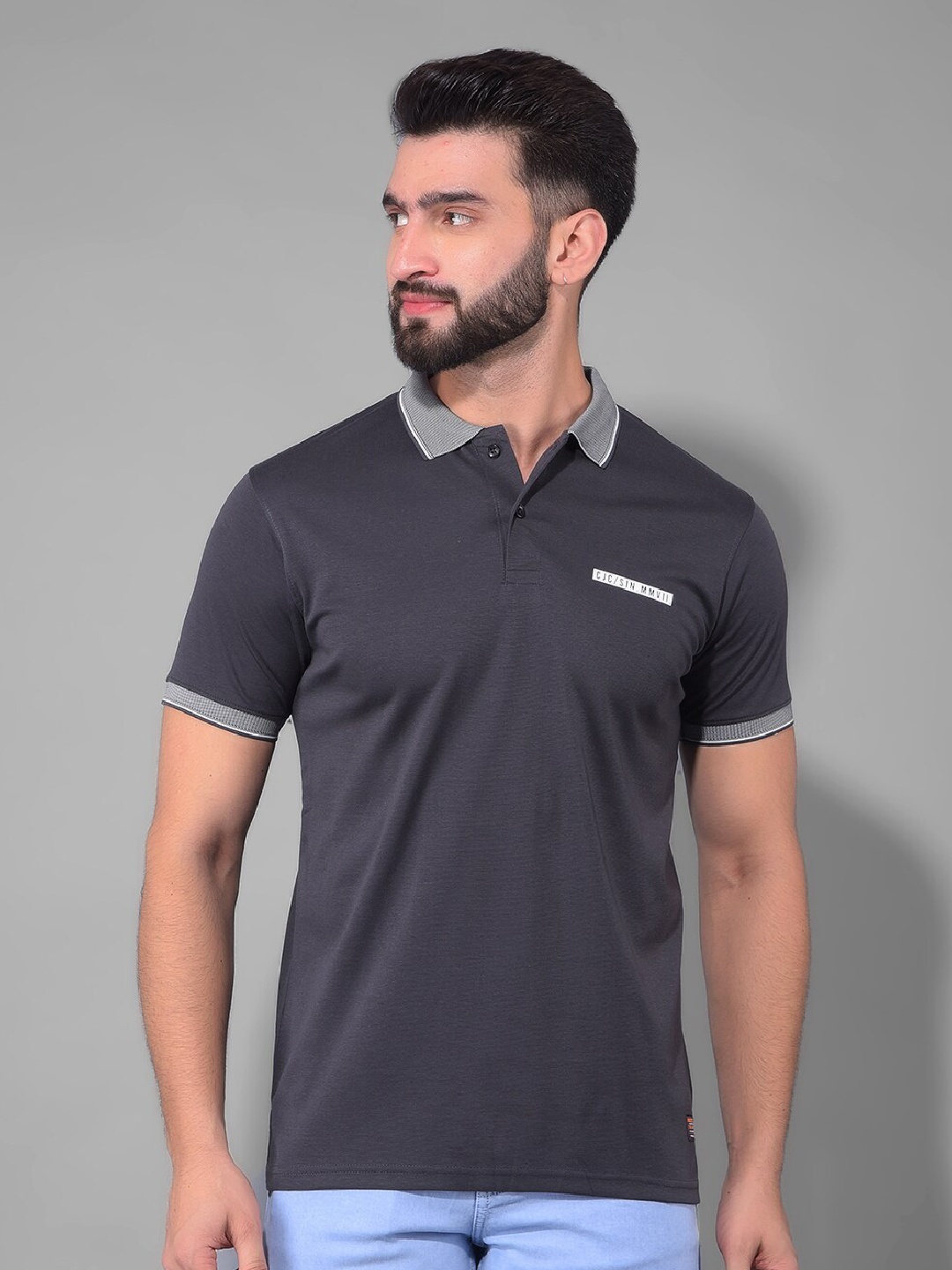 

COBB Short Sleeves Polo Collar Knitted Cotton T-shirt, Grey
