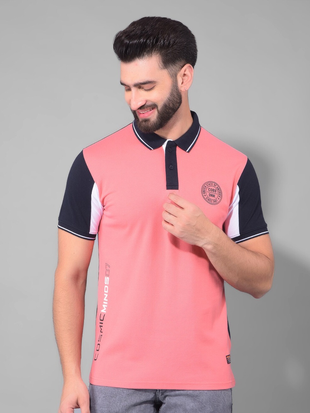 

COBB Colourblocked Polo Collar Short Sleeves Cotton Raw Edge T-shirt, Coral