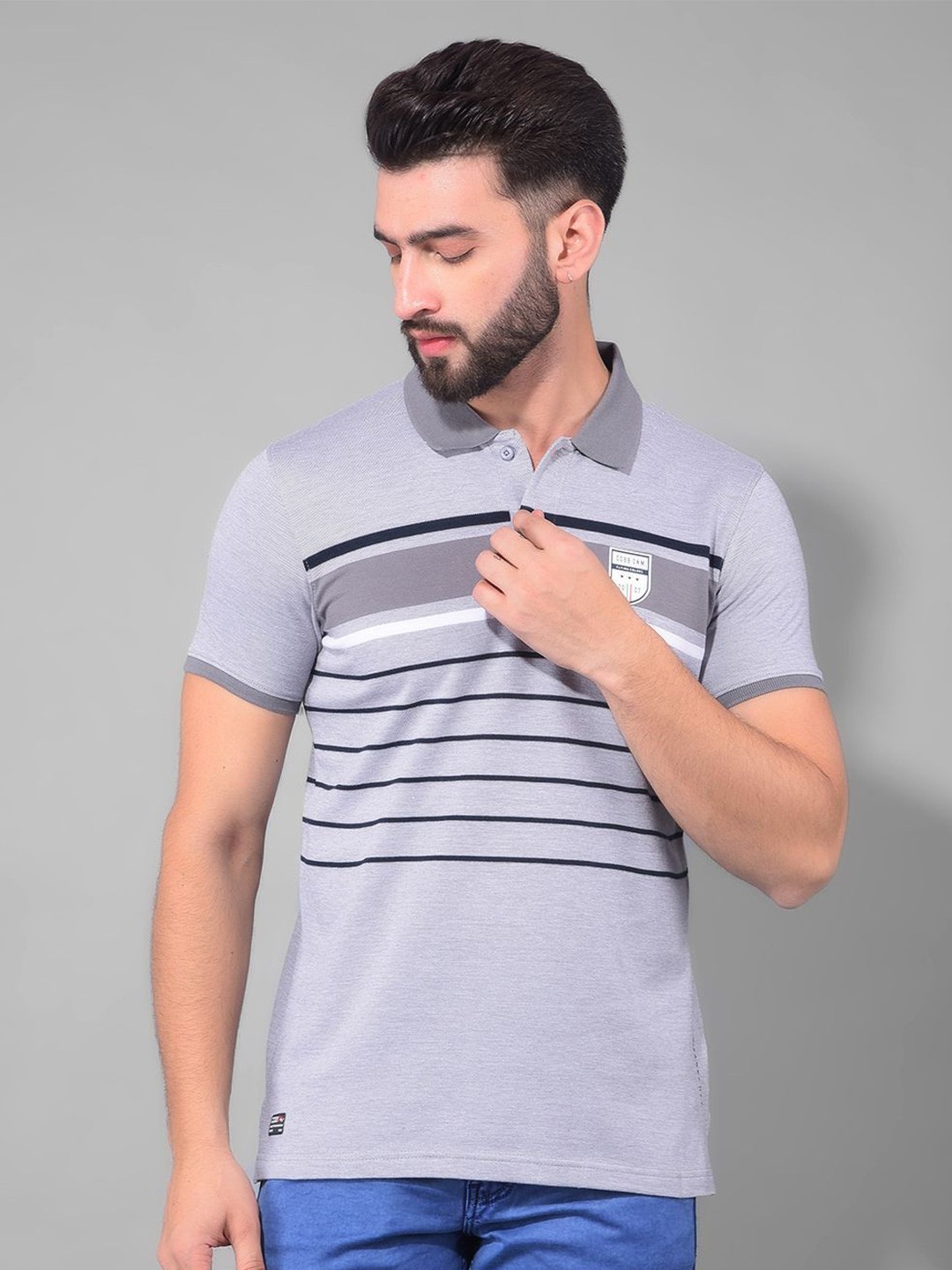 

COBB Striped Short Sleeves Polo Collar Knitted Cotton T-shirt, Grey