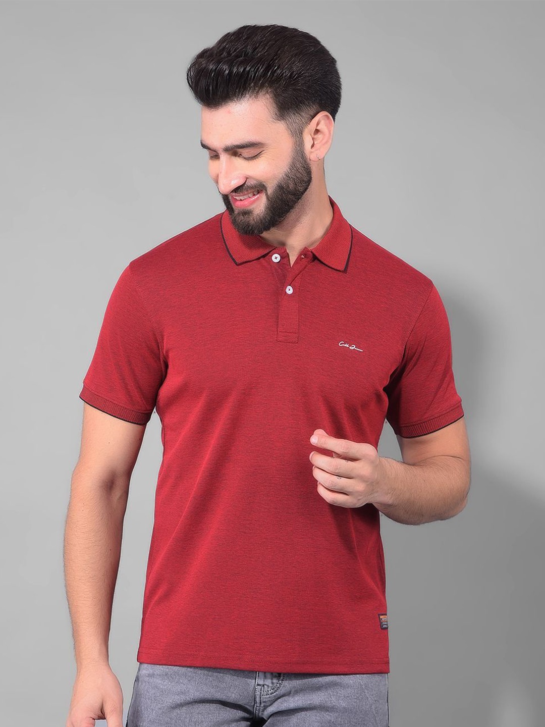 

COBB Short Sleeves Polo Collar Knitted Cotton T-shirt, Red