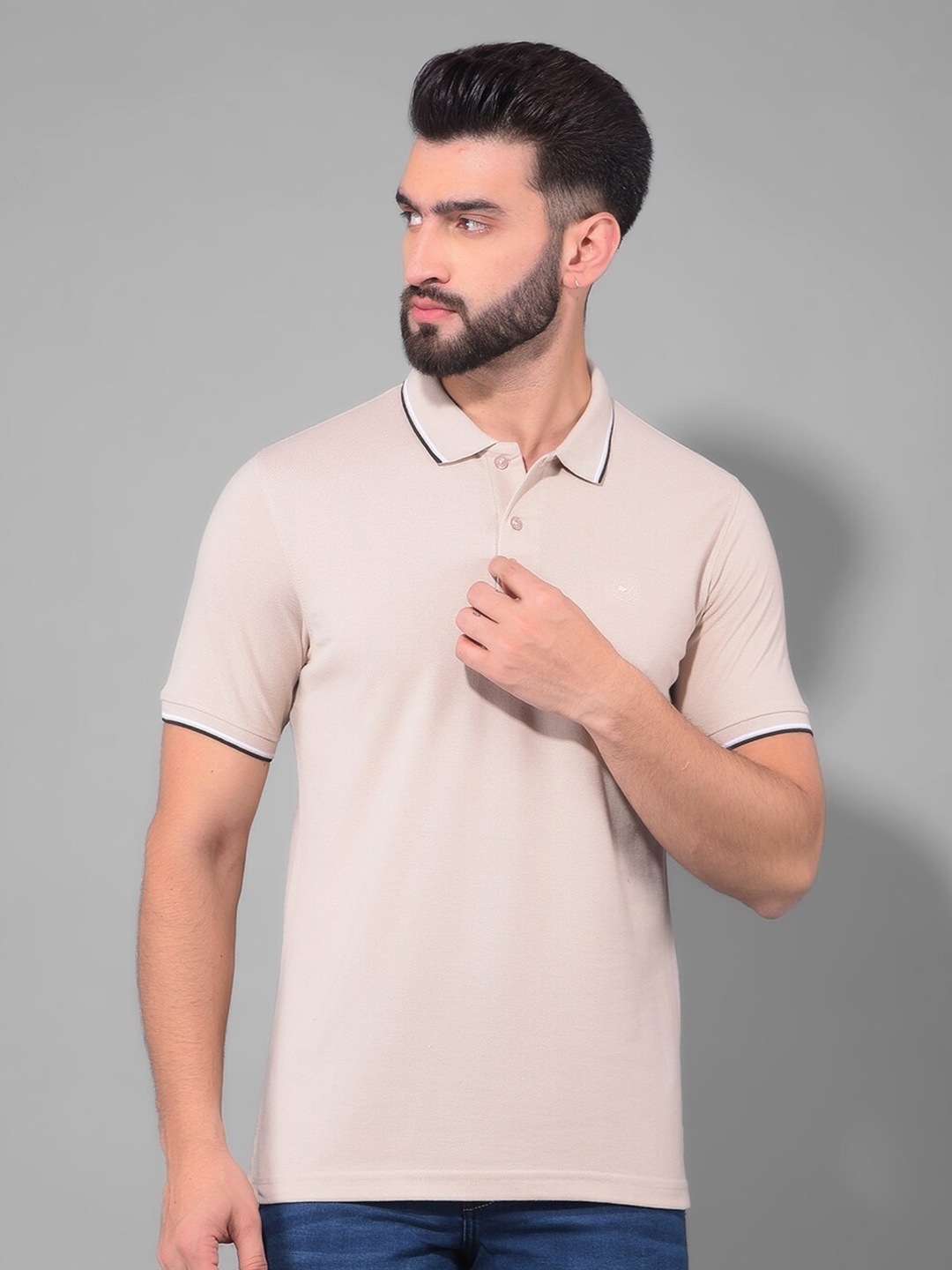 

COBB Polo Collar Short Sleeves Knitted Raw Edge Cotton T-shirt, Beige