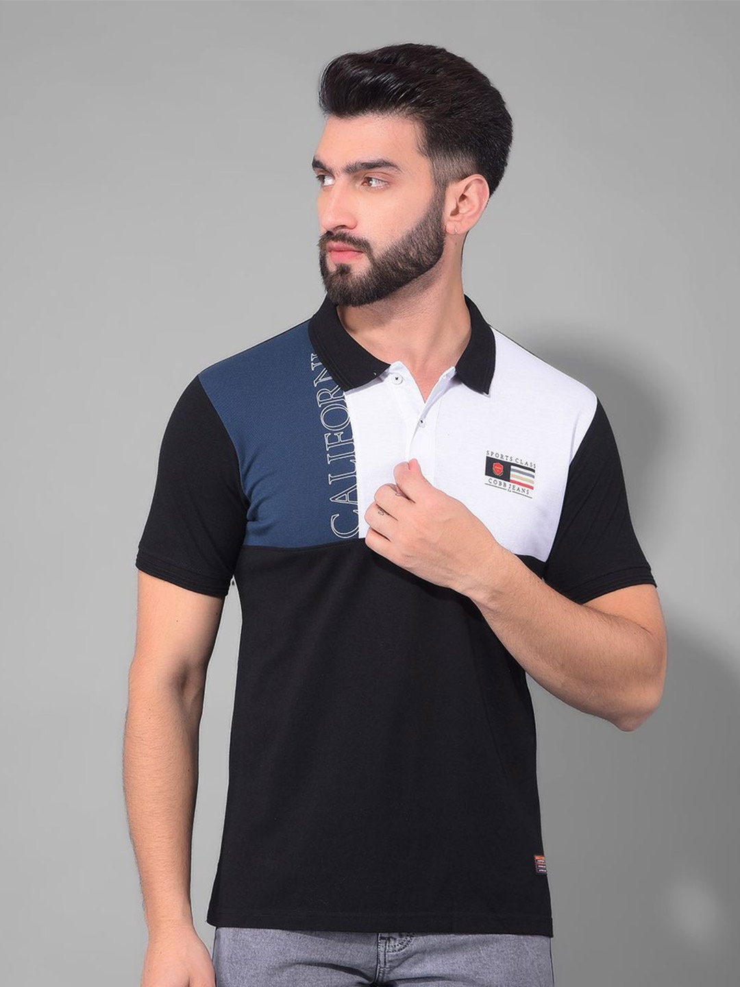 

COBB Men Colourblocked Polo Collar T-shirt, Blue