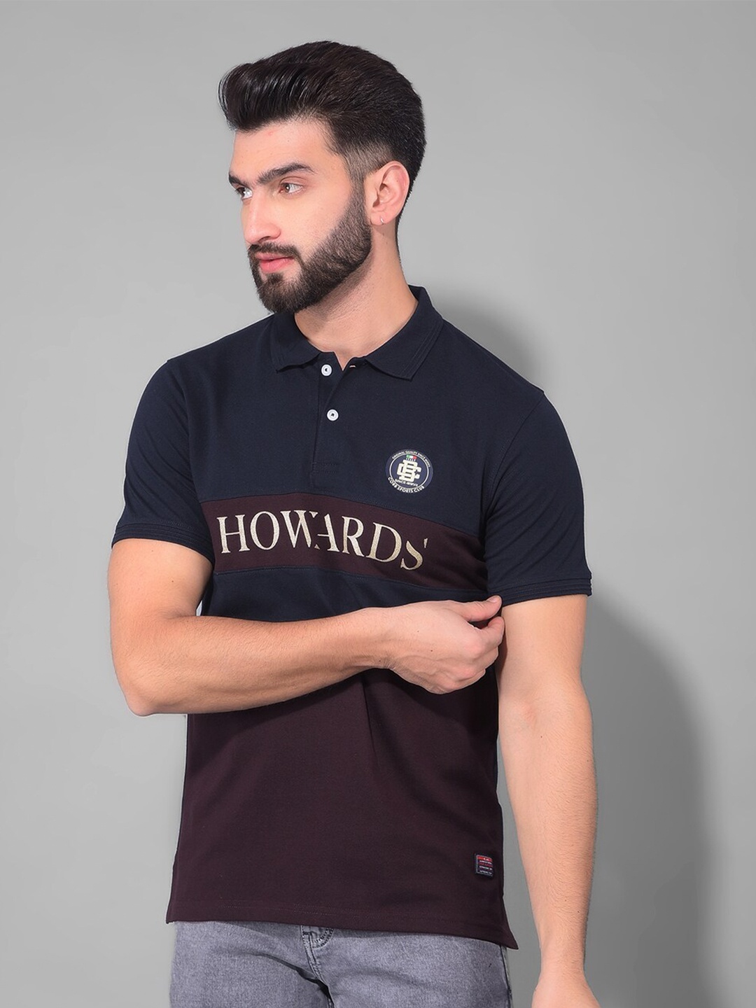 

COBB Typography Printed Polo Collar Short Sleeves Applique Cotton T-shirt, Burgundy
