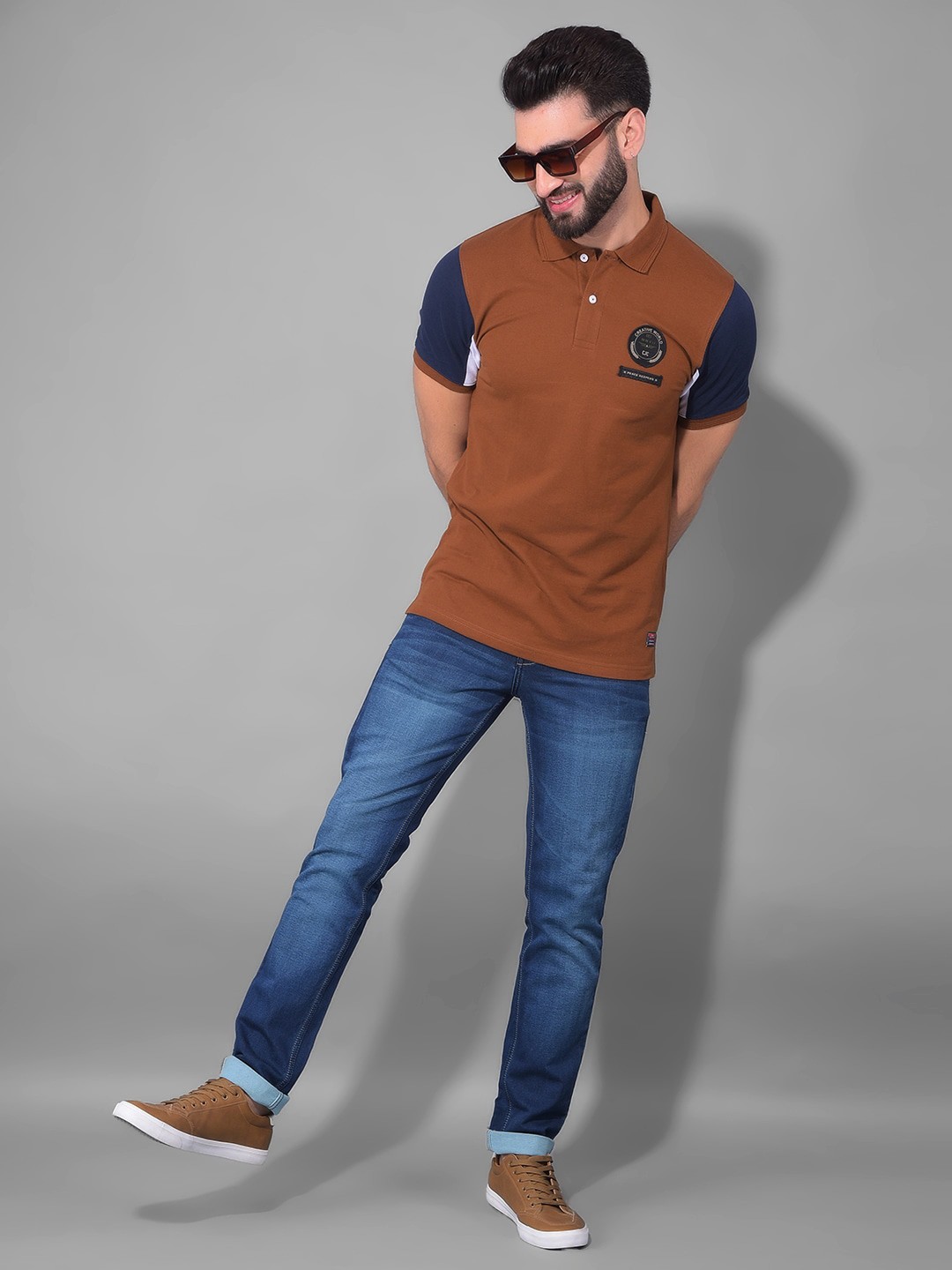 

COBB Colourblocked Polo Collar Cotton T-shirt, Brown
