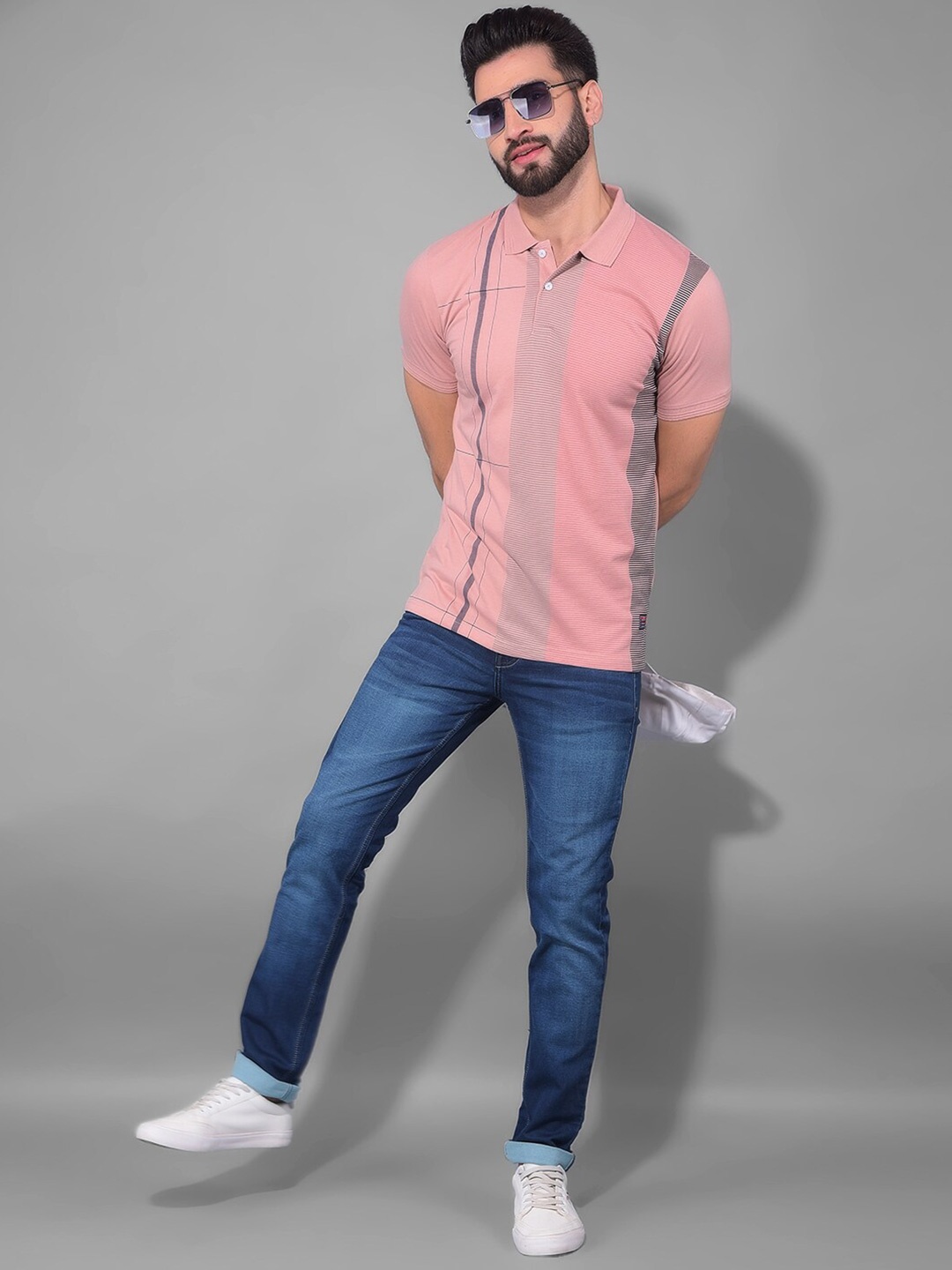 

COBB Striped Polo Collar Cotton T-shirt, Coral
