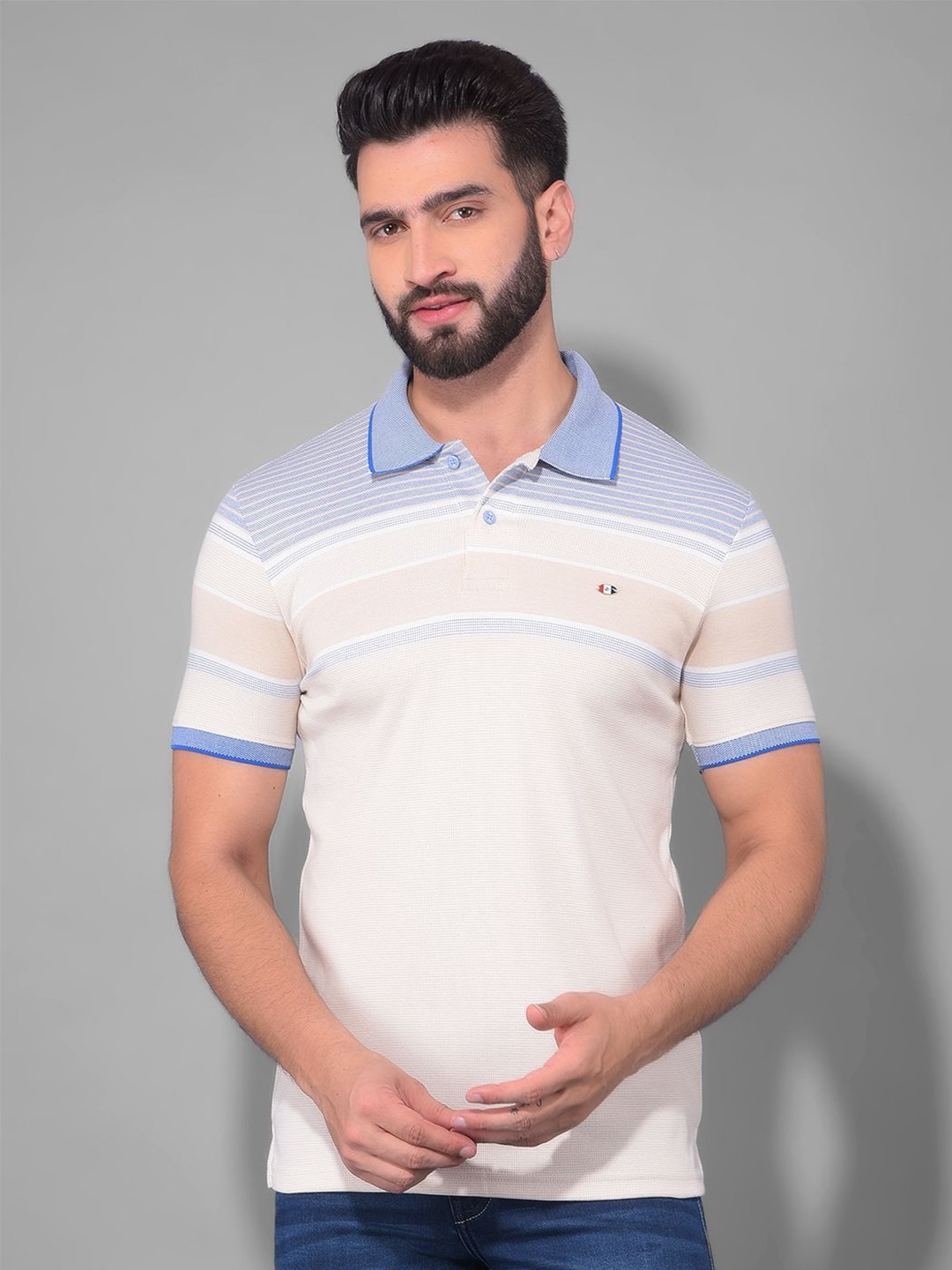 

COBB Striped Short Sleeves Polo Collar Knitted Cotton T-shirt, Beige
