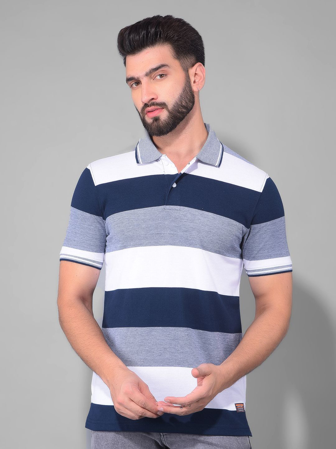 

COBB Striped Short Sleeves Polo Collar Knitted Cotton T-shirt, Blue