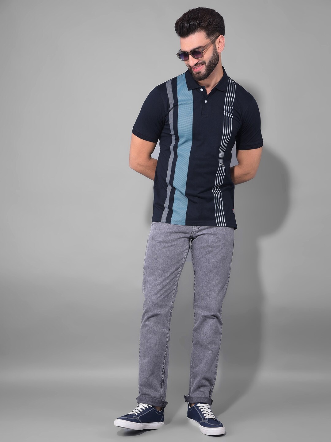 

COBB Striped Short Sleeves Polo Collar Knitted Cotton T-shirt, Navy blue