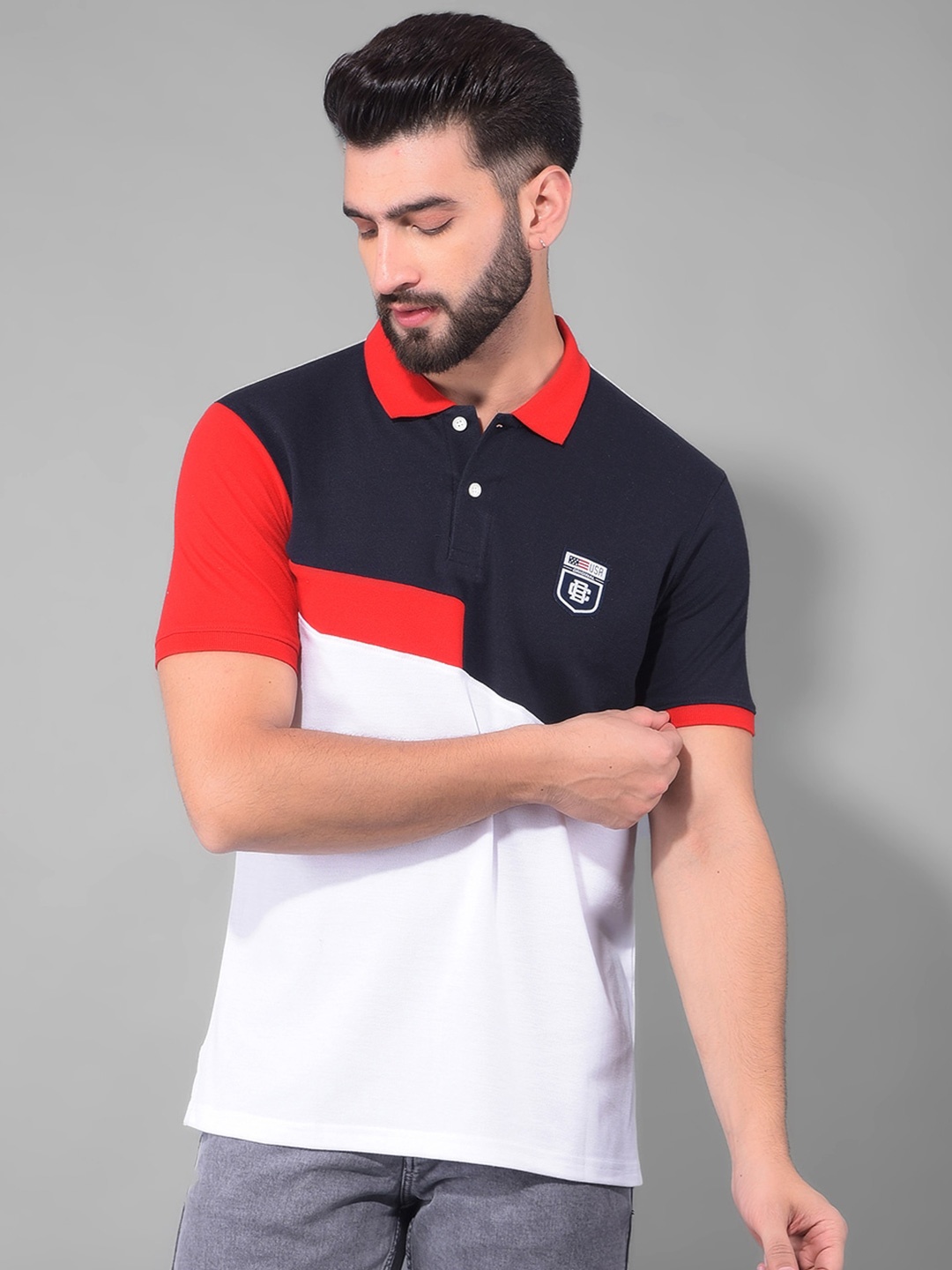 

COBB Colourblocked Polo Collar Cotton T-shirt, Navy blue
