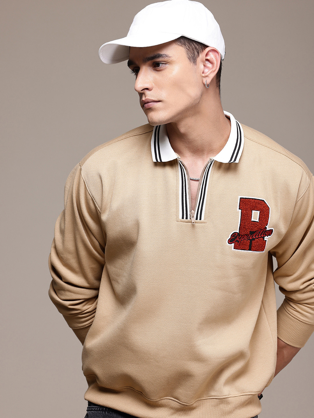 

The Roadster Life Co. Relaxed Fit Contrast Mock Collar with Applique Detailing Sweatshirt, Beige