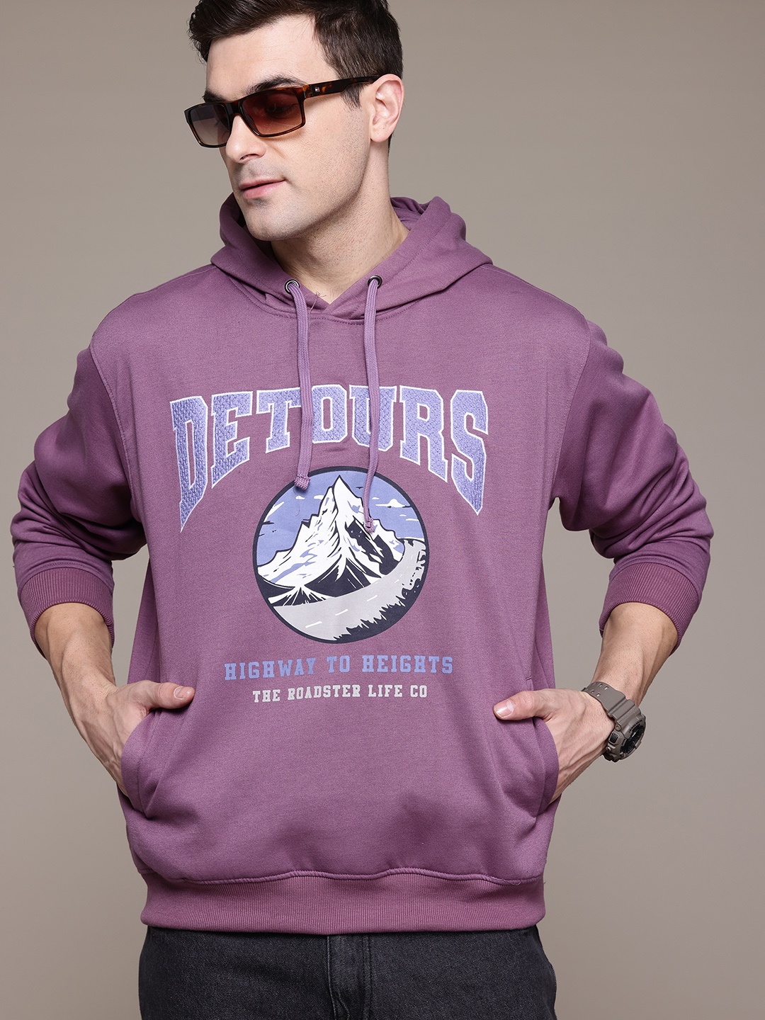 

The Roadster Lifestyle Co. Men Printed Relaxed Fit Hooded Sweatshirt, Purple