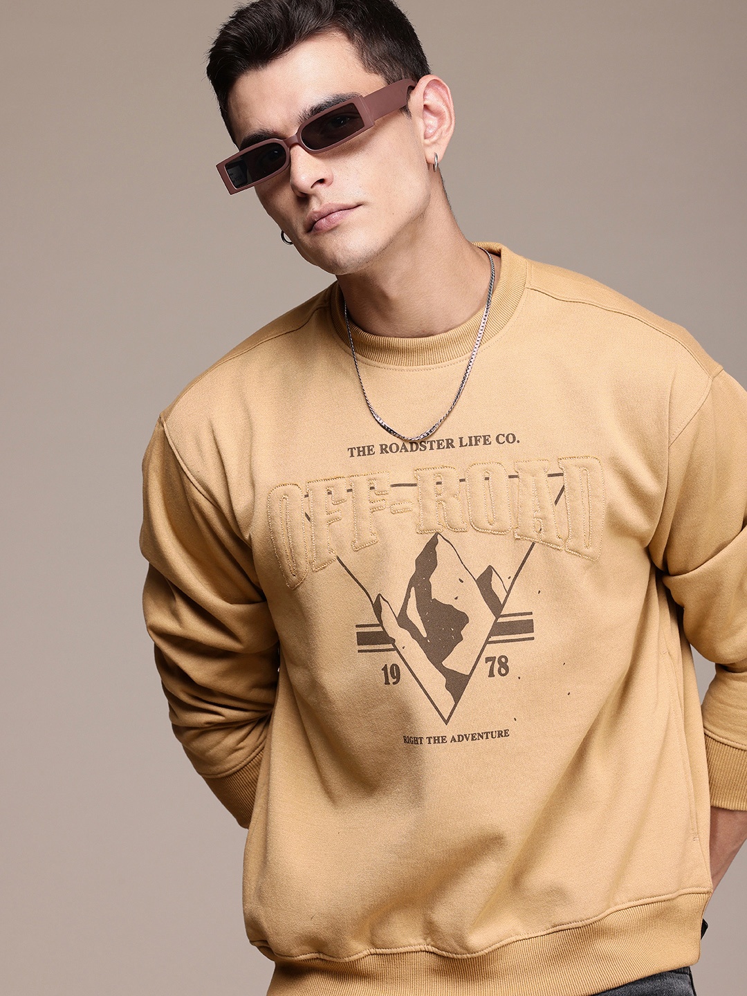 

The Roadster Life Co. Brand Logo Printed Embroidered Relaxed Fit Sweatshirt, Camel brown