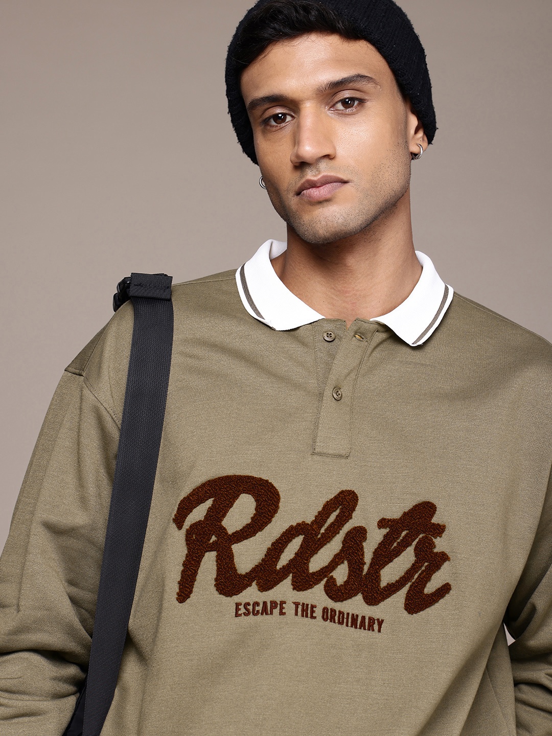 

The Roadster Life Co. Relaxed Fit Shirt Collar Applique Detail Pullover Sweatshirt, Taupe