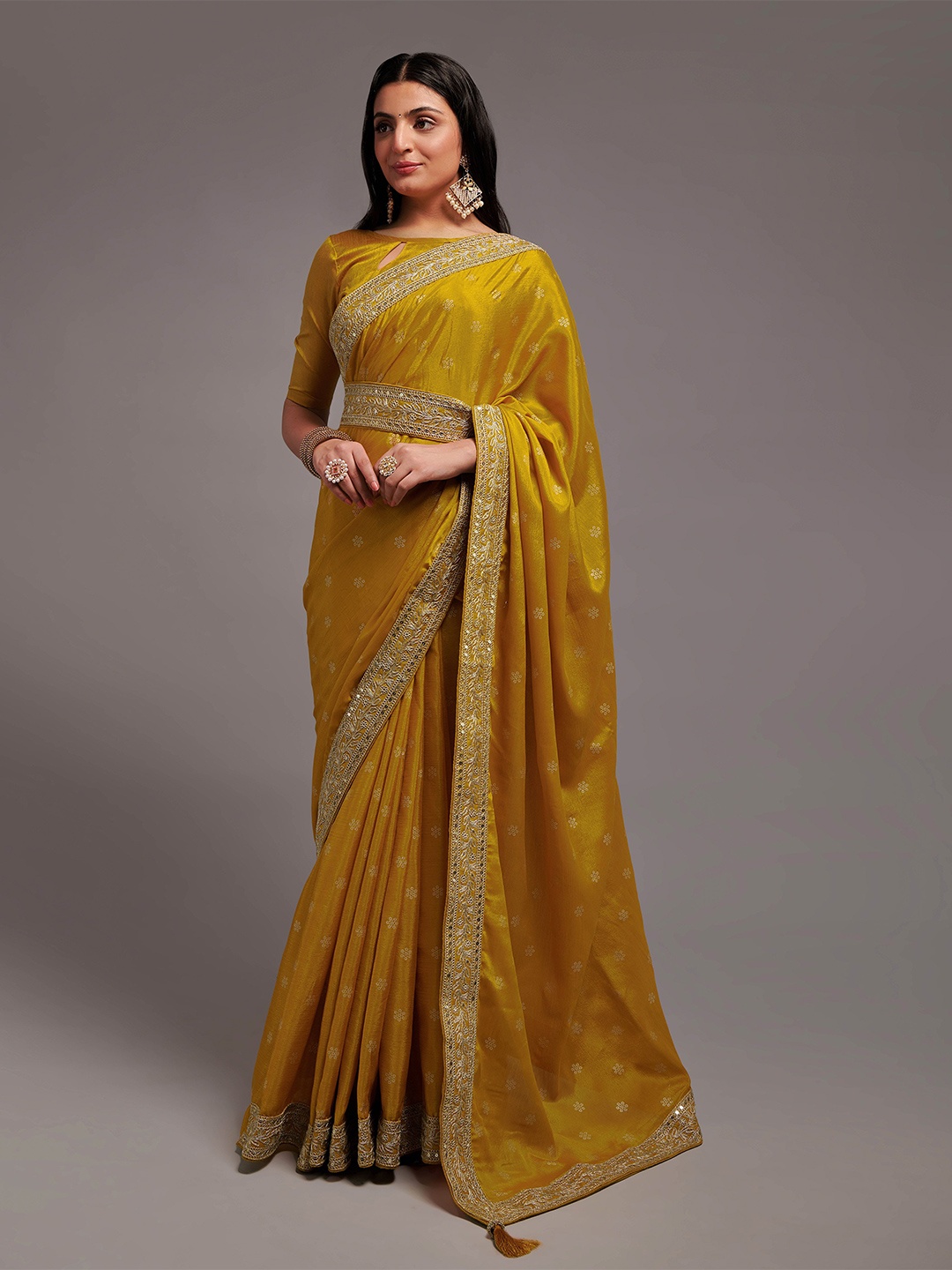 

THE52 Bandhani Print Sequinned Belted Saree, Mustard