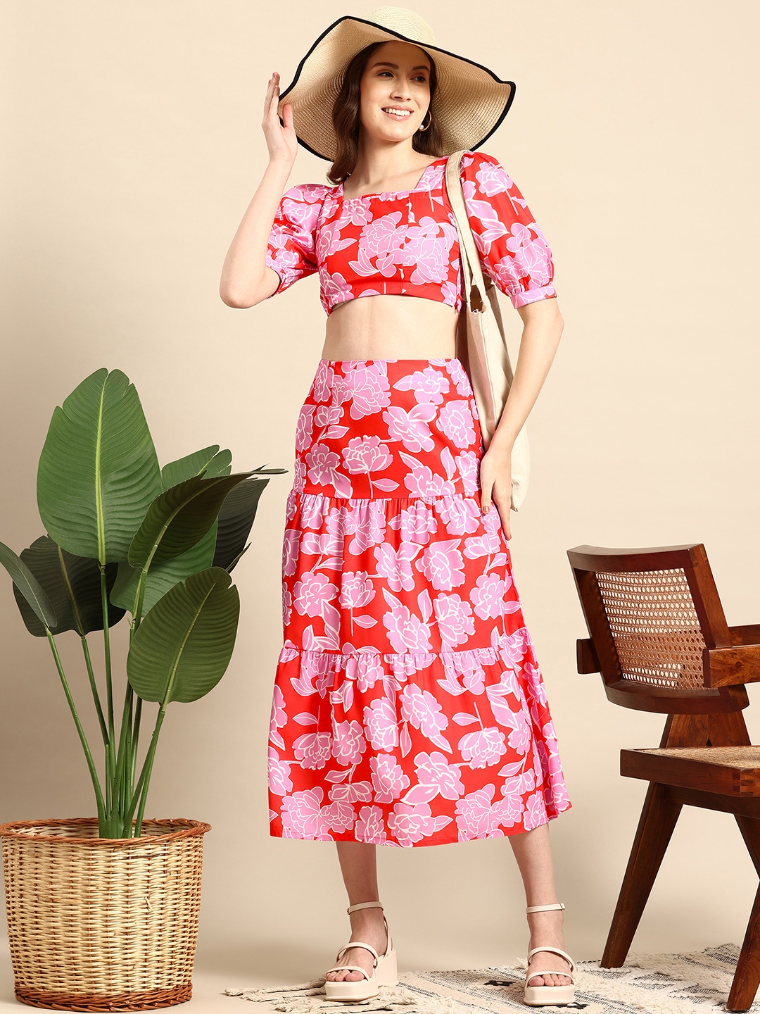 

Mast & Harbour Women Printed Top & Skirt Co-Ords Set, Pink