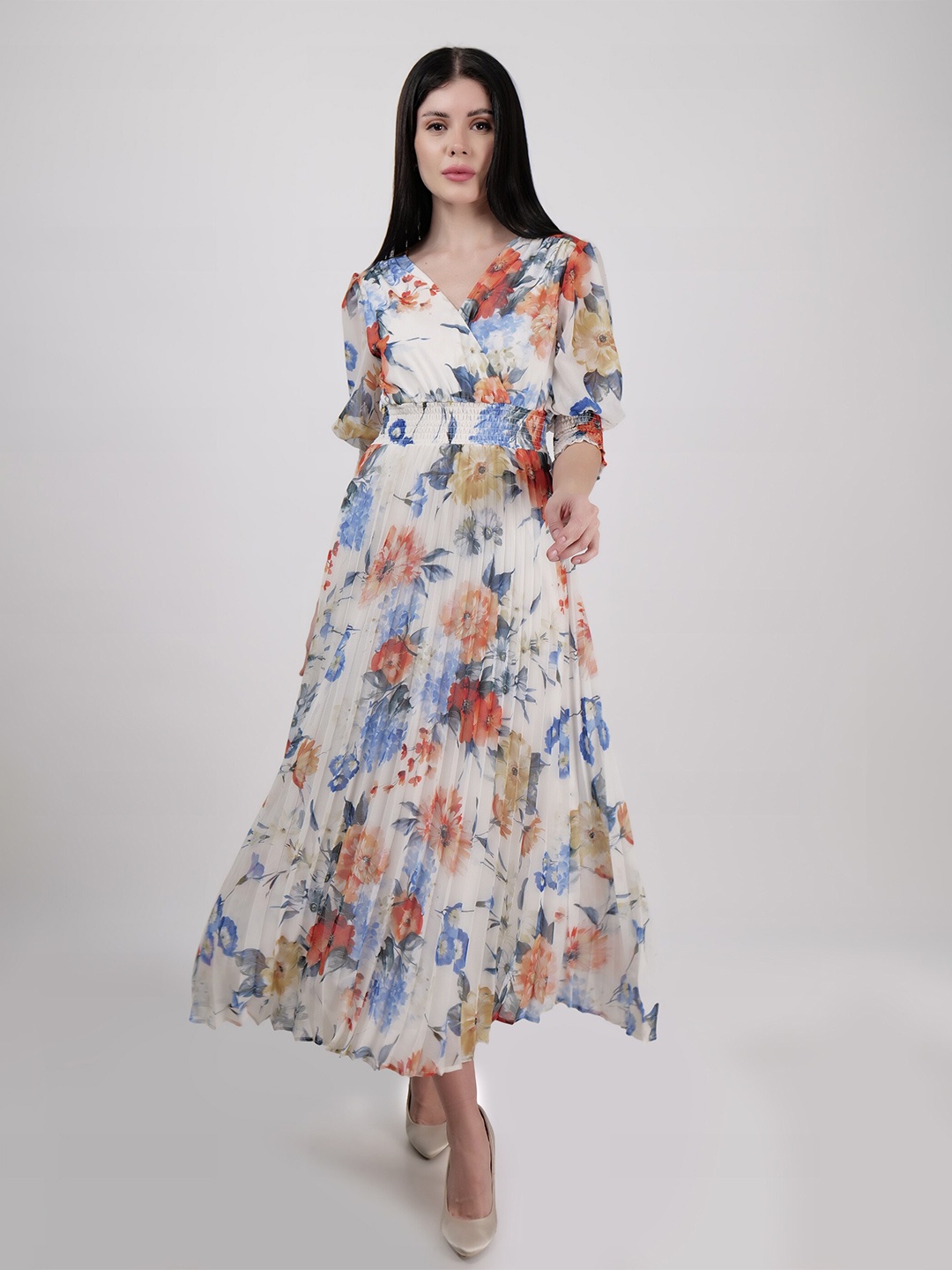

DRIRO Floral Print Georgette Fit & Flare Maxi Dress, White