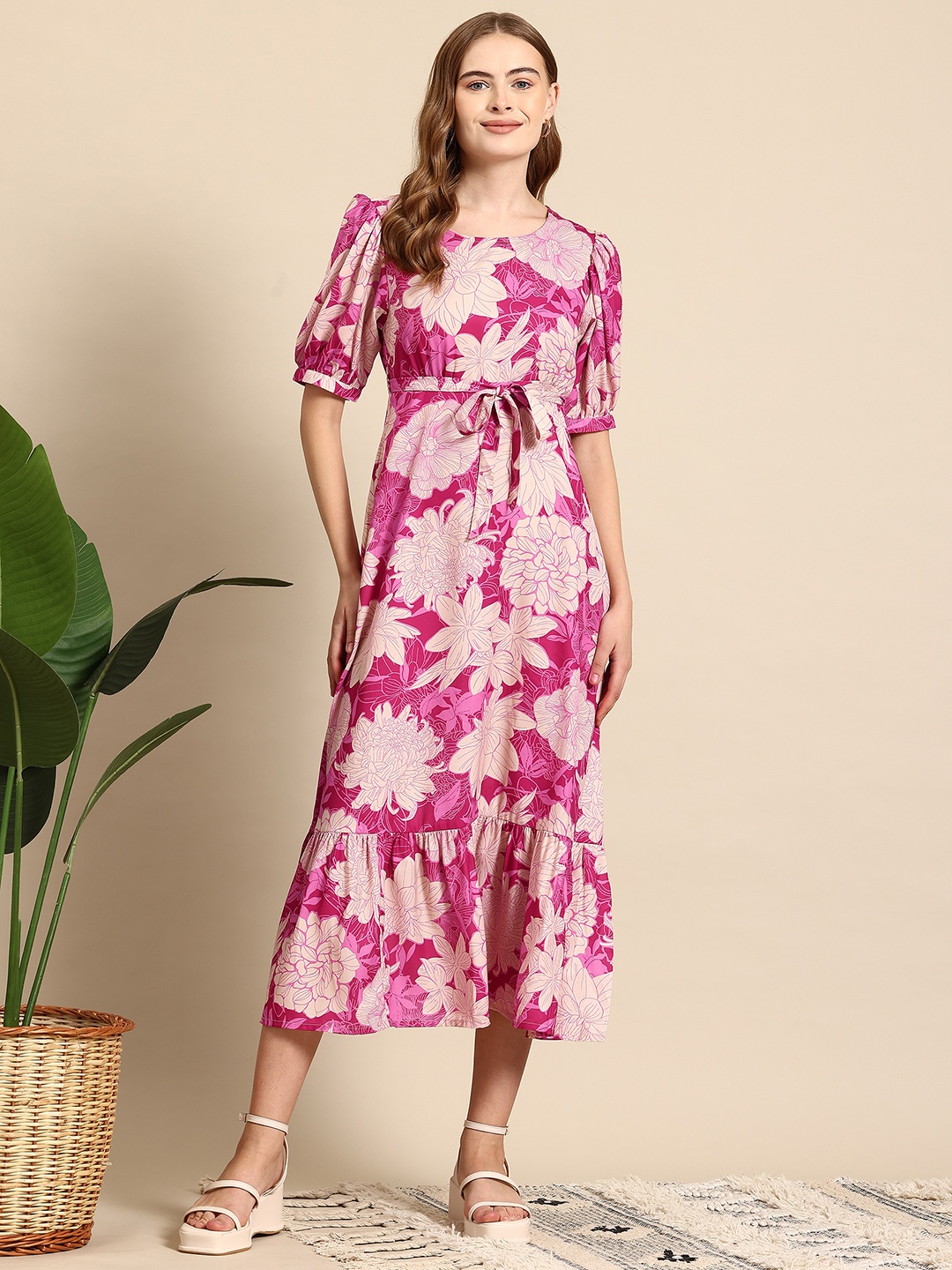 

Mast & Harbour Floral Printed Puff Sleeve Fit & Flare Midi Dress, Pink