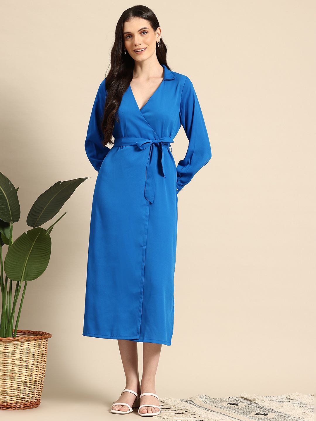 

Mast & Harbour Wrap Midi Dress with Belt, Blue