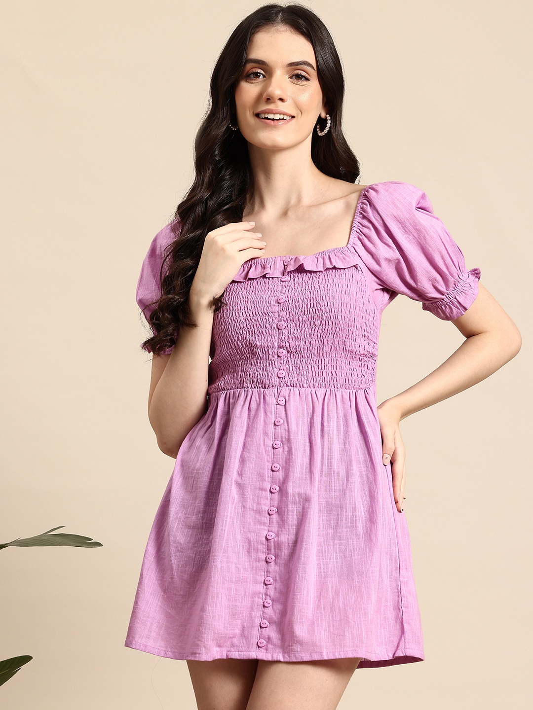 

Mast & Harbour Smocked Pure Cotton A-Line Mini Dress, Pink