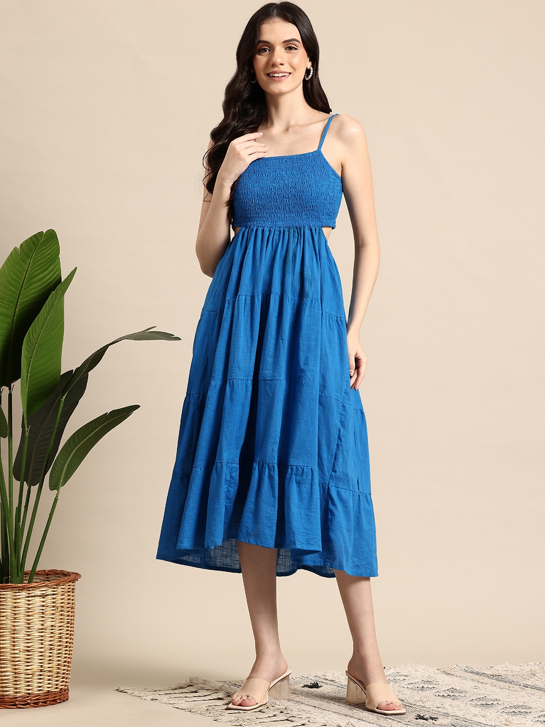 

Mast & Harbour Smocked Cut-Out Pure Cotton A-Line Midi Dress, Blue