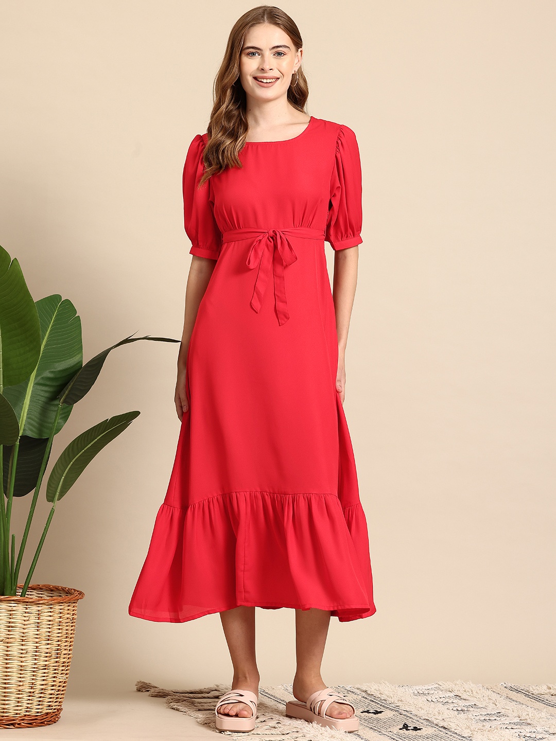 

Mast & Harbour Puff Sleeves Fit & Flare Midi Dress, Red