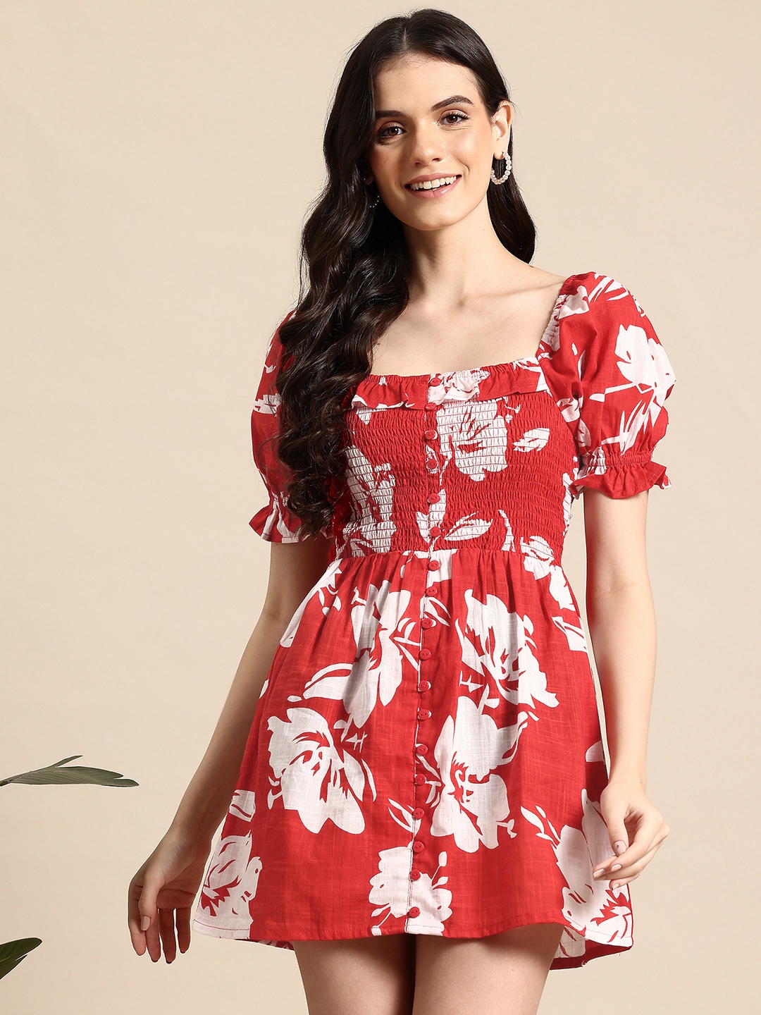 

Mast & Harbour Floral Print Pure Cotton A-Line Mini Dress, Red
