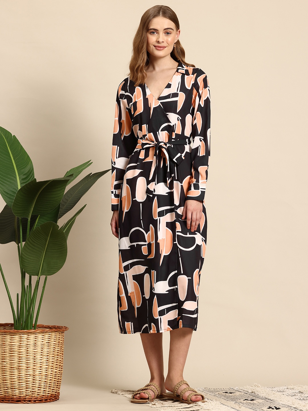 

Mast & Harbour Printed Midi Wrap Dress, Black