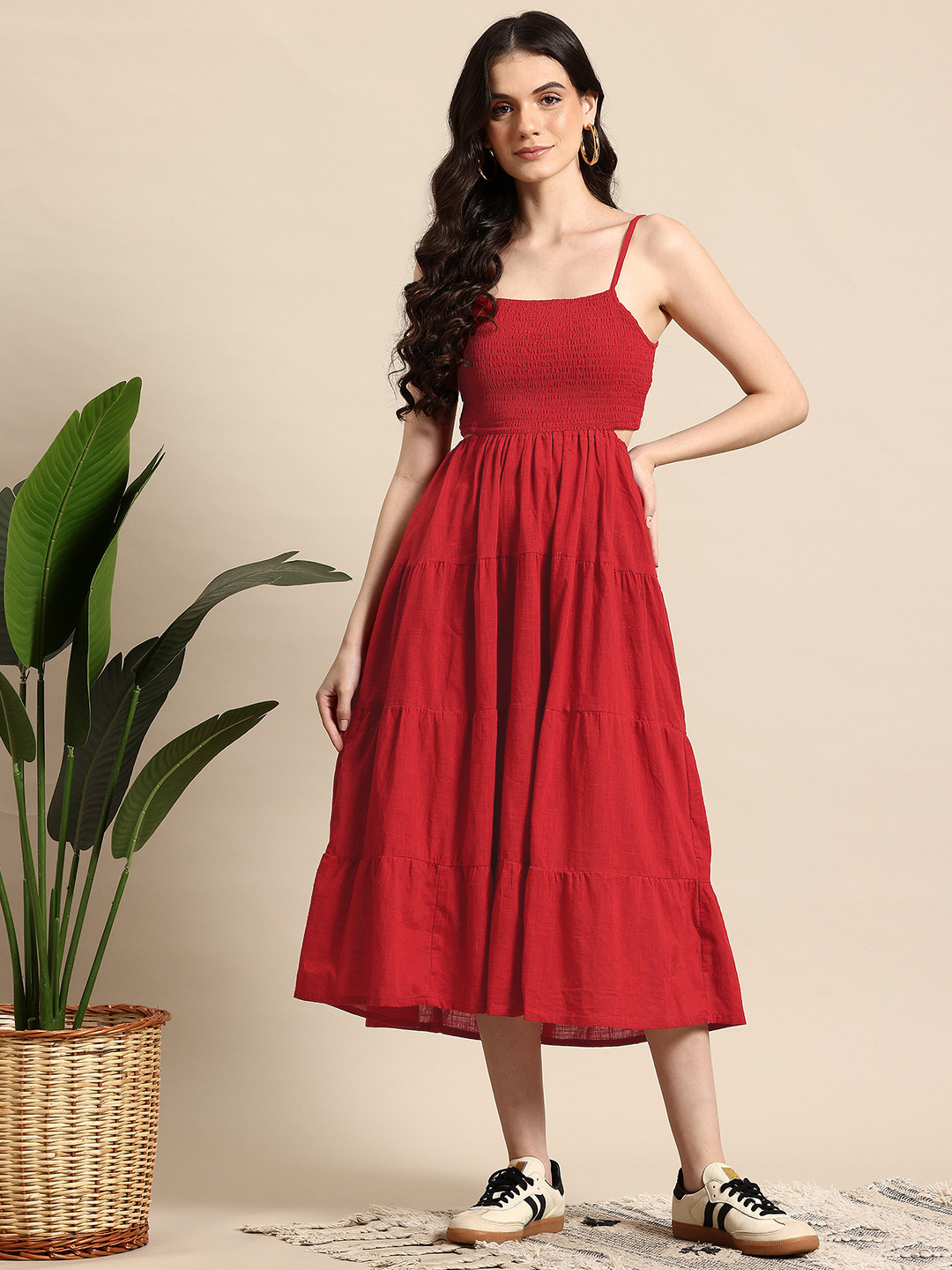 

Mast & Harbour Smocked Cut-Out Pure Cotton A-Line Midi Dress, Red