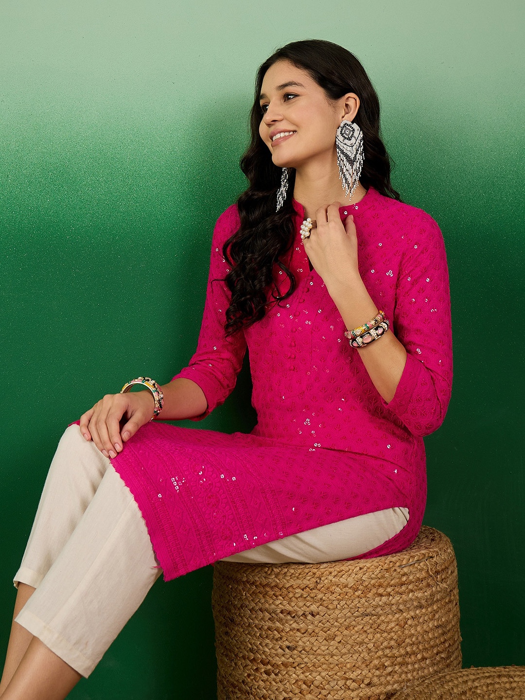 

Sangria Floral Embroidered Mandarin Collar Sequence Straight Kurtas, Fuchsia
