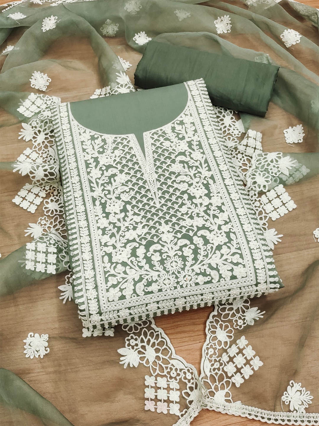 

Panzora Embroidered Unstitched Dress Material, Green