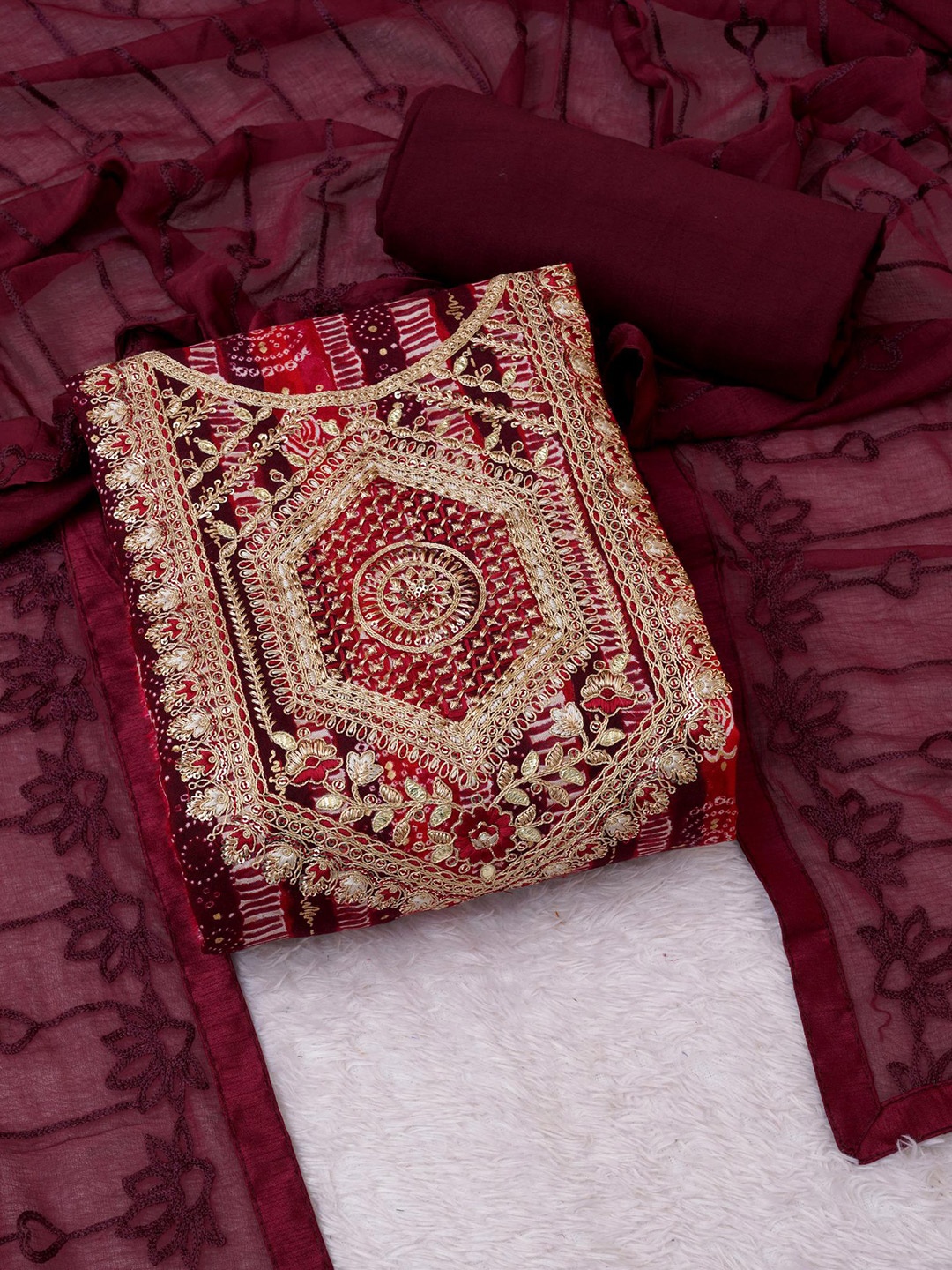 

Panzora Embroidered Viscose Rayon Unstitched Dress Material, Maroon