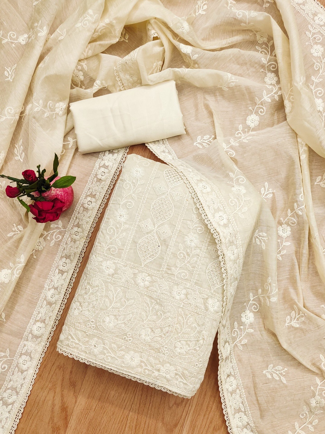 

Panzora Embroidered Unstitched Dress Material, Beige