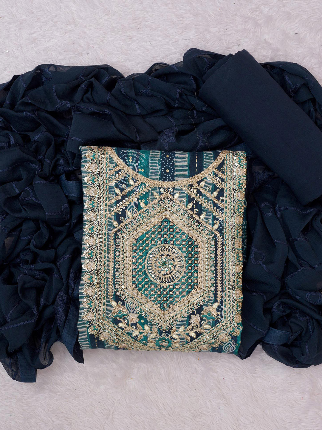 

Panzora Embroidered Viscose Rayon Unstitched Dress Material, Blue