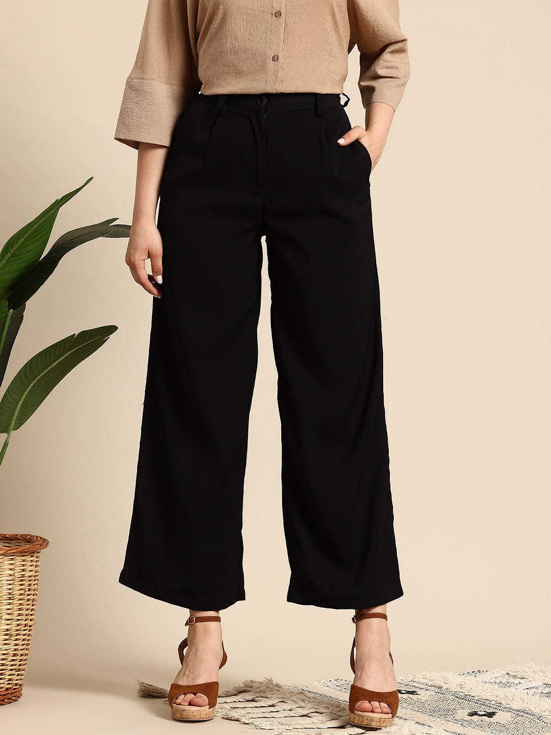 

Mast & Harbour Women Pleated Formal Trousers, Black