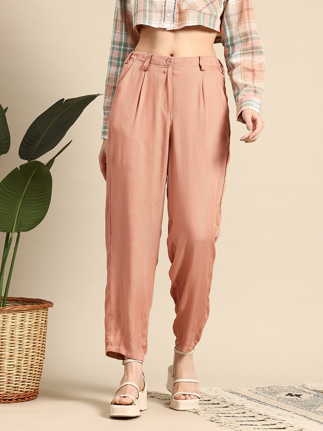 

Mast & Harbour Women Tapered Fit High-Rise Pleated Trousers, Peach