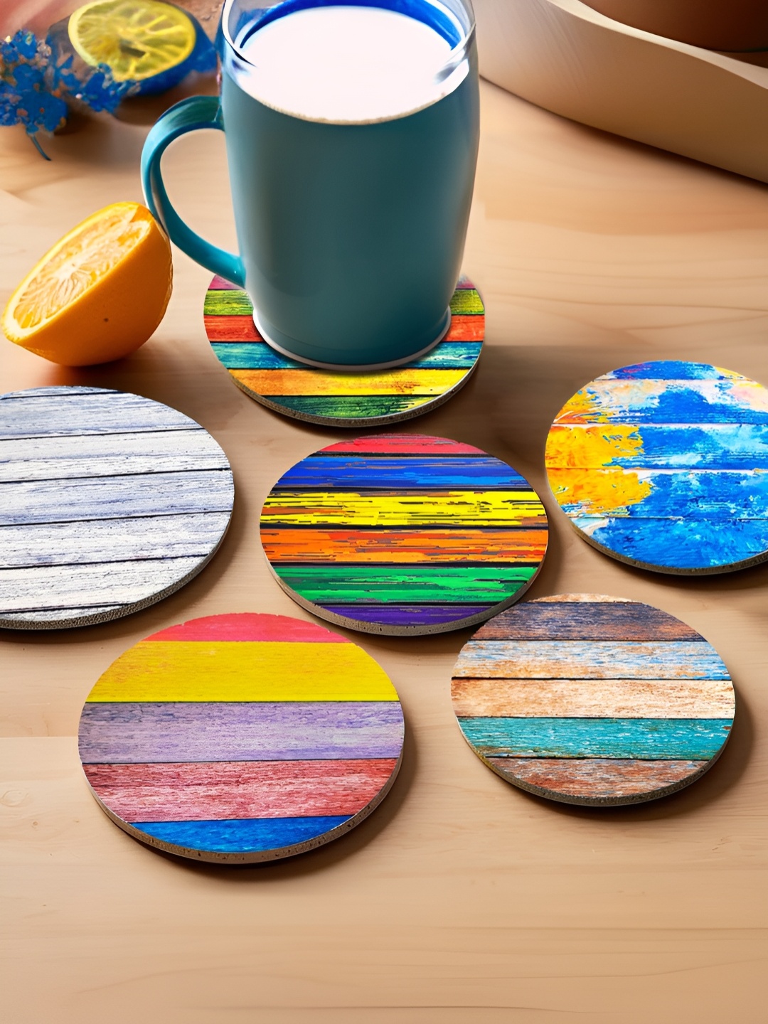 

UMAI Blue & Yellow 6 Pieces Printed Ceramic Coasters Set With Holders