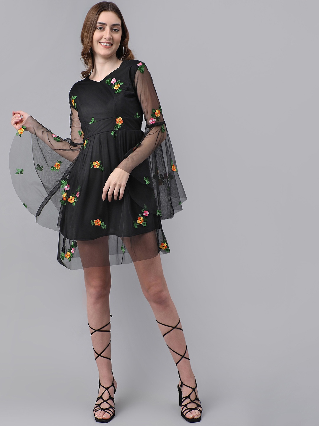

TANDUL Floral Embroidered Bell Sleeves Cotton Fit & Flare Dress, Black