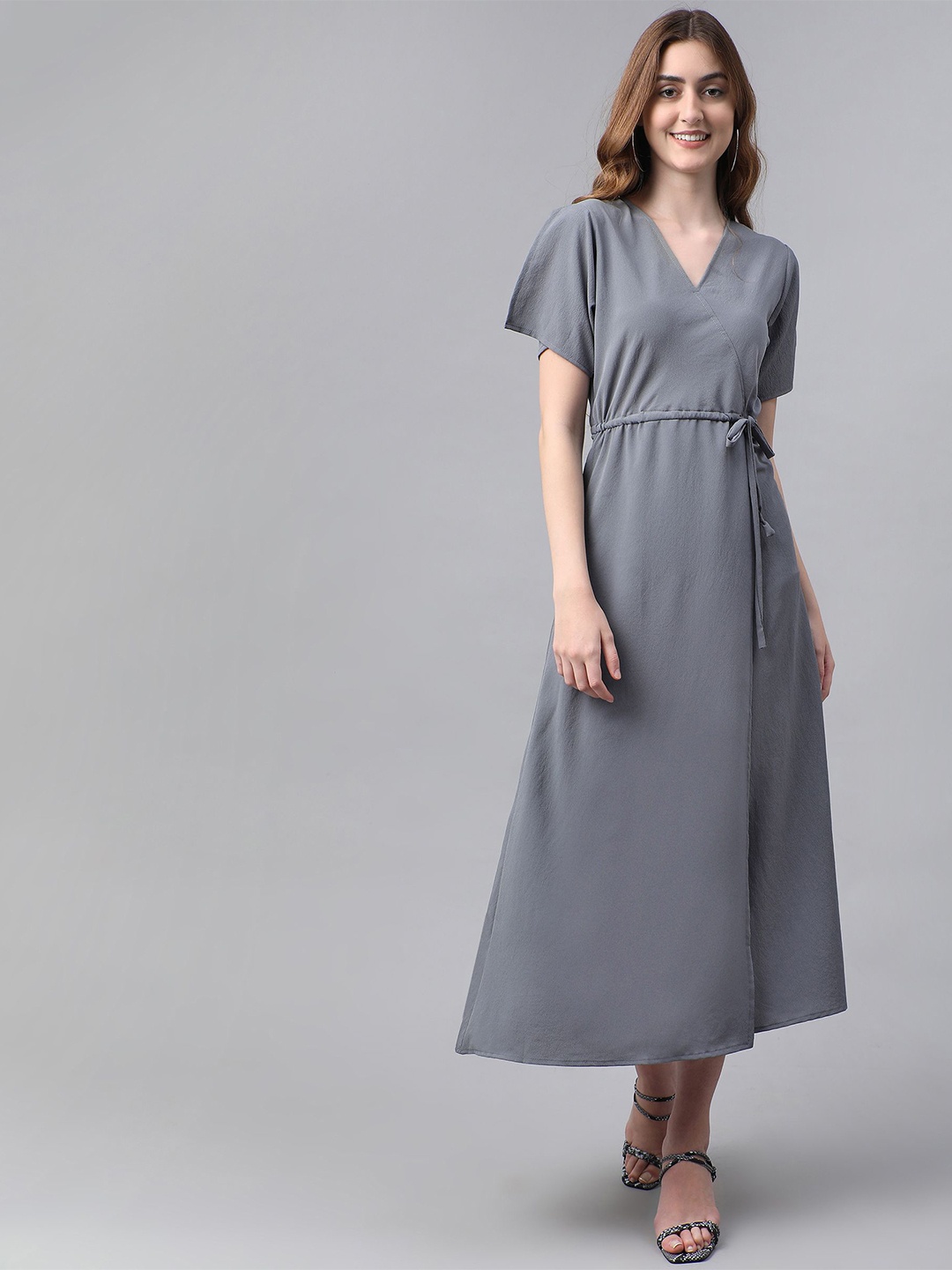 

TANDUL Flared Sleeve Net Midi Dress, Grey