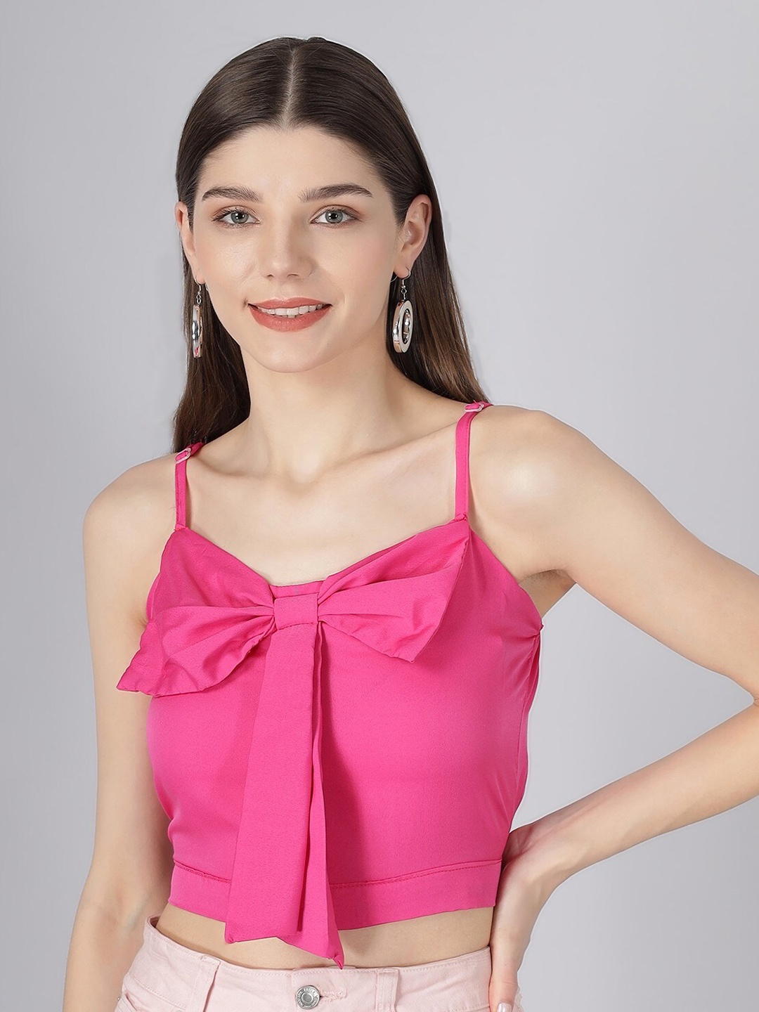 

TANDUL Shoulder Straps Bow & Tie-Ups Detail Crop Top, Pink