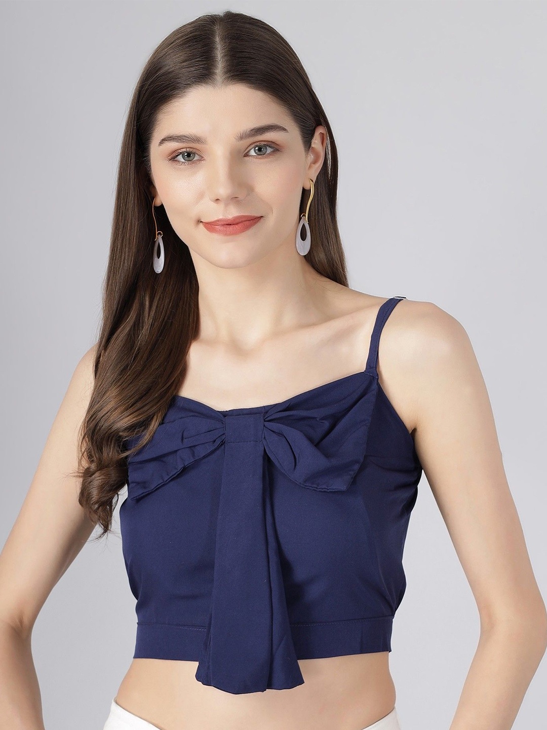 

TANDUL Shoulder Straps Bow & Tie-Ups Detail Crop Top, Blue