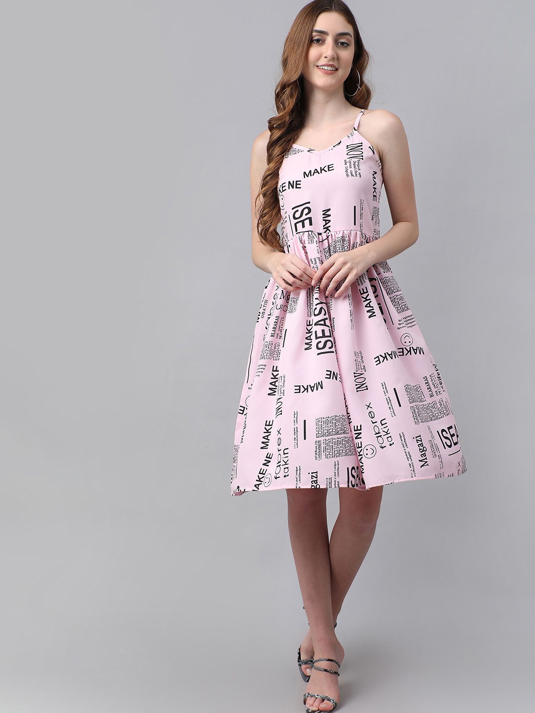 

TANDUL Typography Print Shoulder Straps Net Fit & Flare Dress, Pink