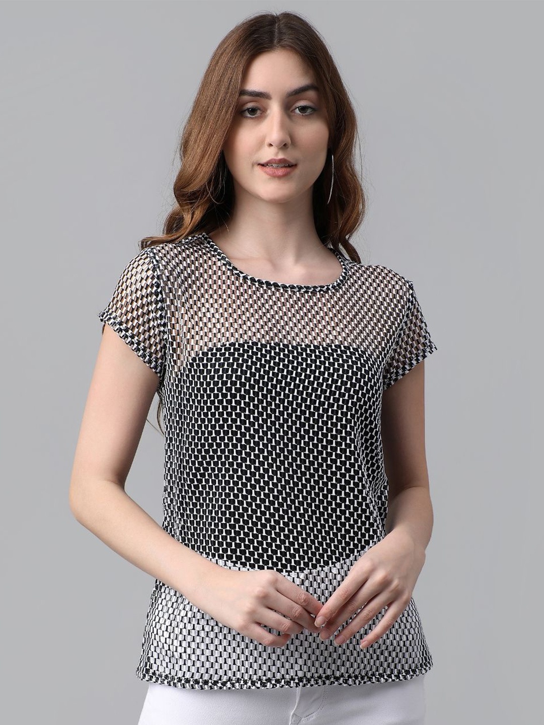 

TANDUL Geometric Printed Semi Sheer Top, Black