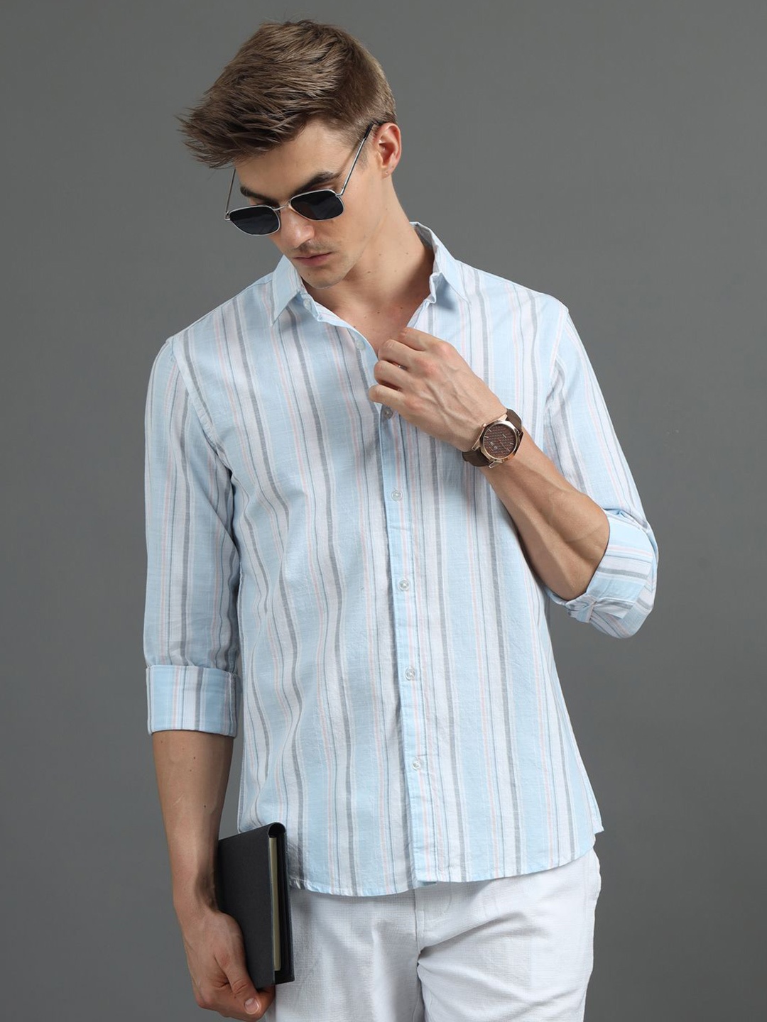 

Bushirt Classic Striped Cotton Casual Shirt, Blue