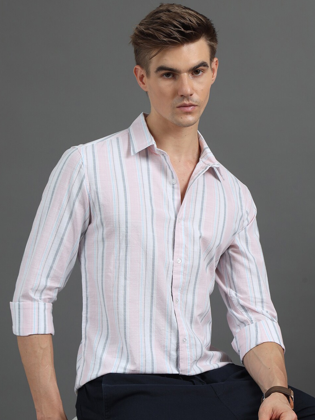 

Bushirt Classic Vertical Striped Pure Cotton Casual Shirt, Pink