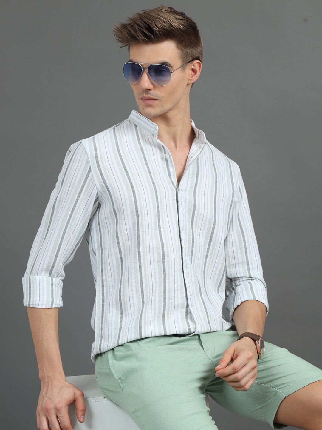 

Bushirt Classic Striped Cotton Casual Shirt, Green