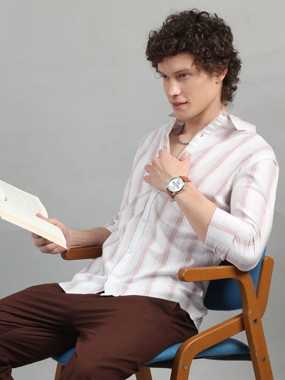 

Bushirt Classic Vertical Striped Pure Cotton Casual Shirt, Tan