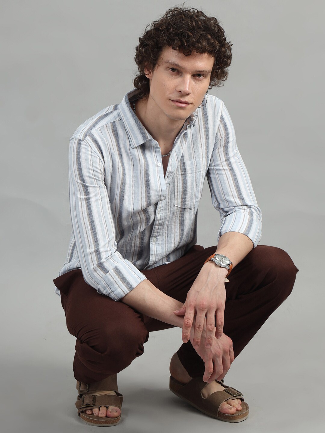 

Bushirt Men Classic Opaque Striped Casual Shirt, Blue