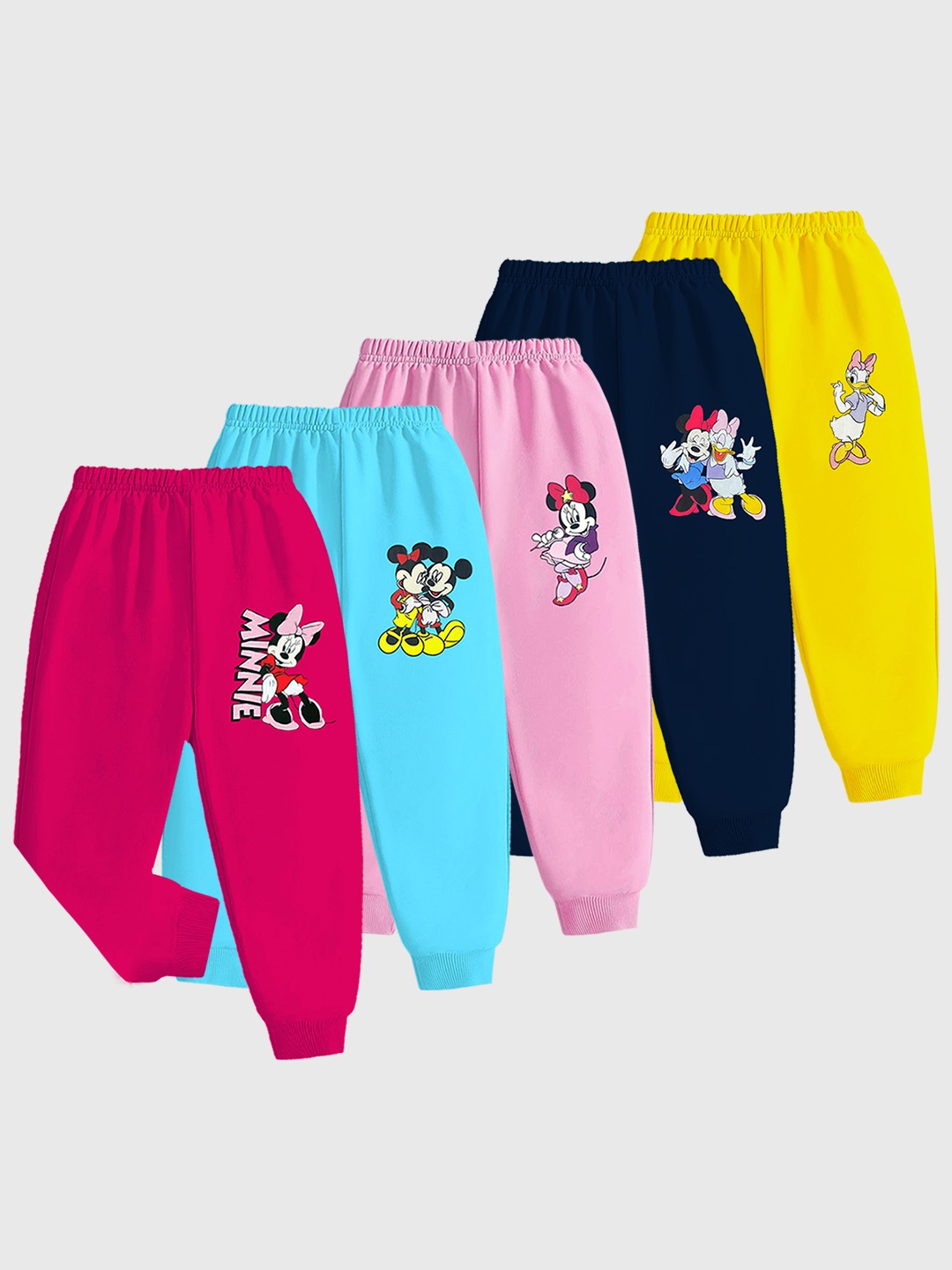 

KUCHIPOO Girls Pack Of 5 Minnie & Daisy Printed Mid Rise Joggers, Pink