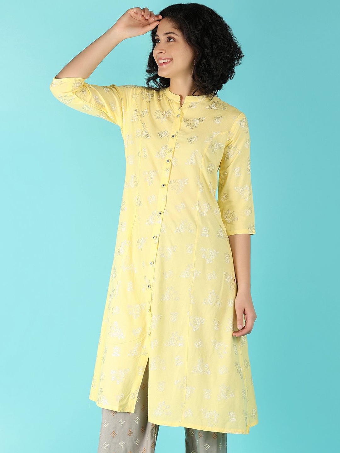 

V-Mart Floral Printed Mandarin Collar A-Line Kurta, Yellow