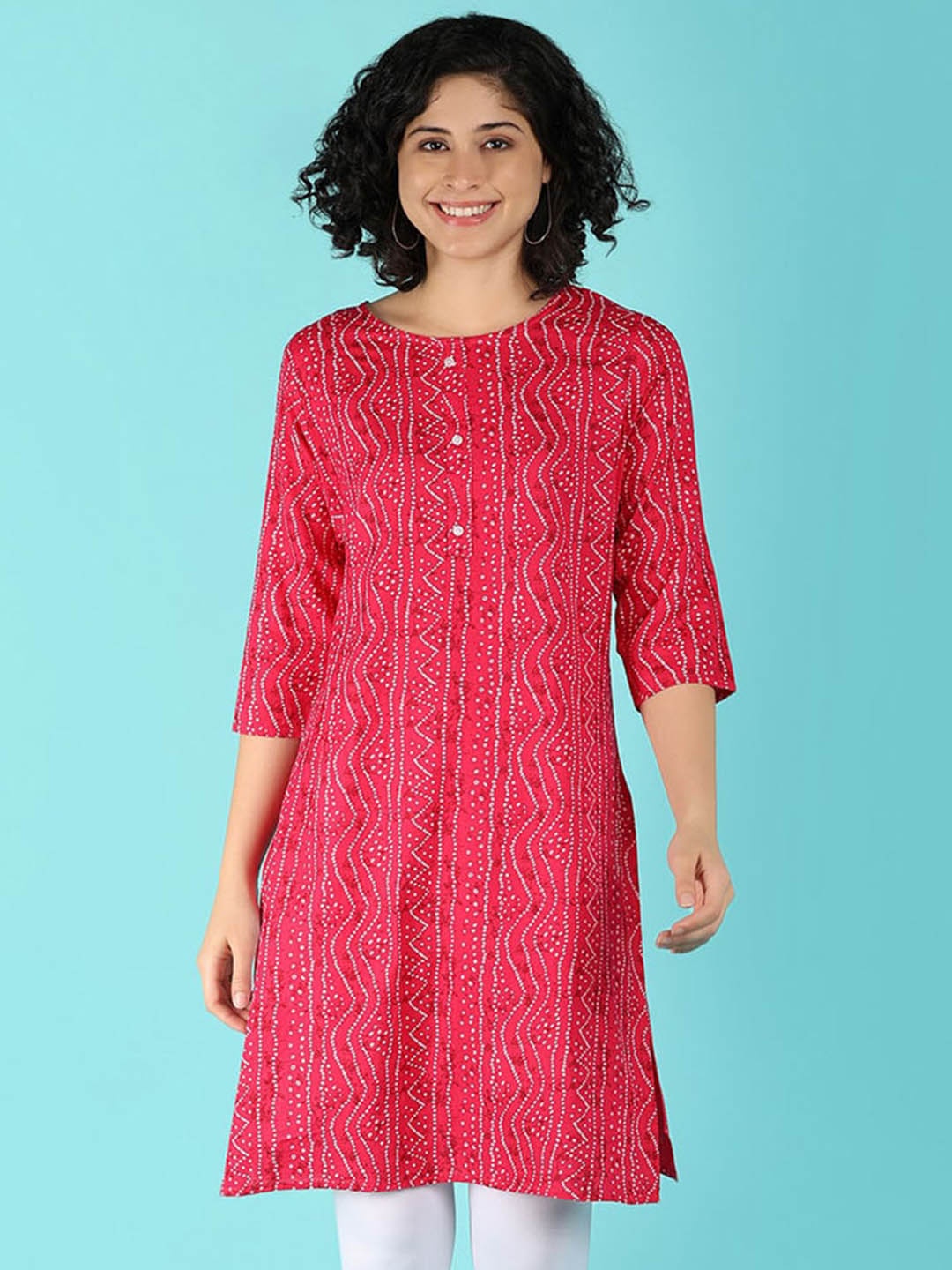 

V-Mart Ethnic Motifs Printed Round Neck Straight Kurta, Pink